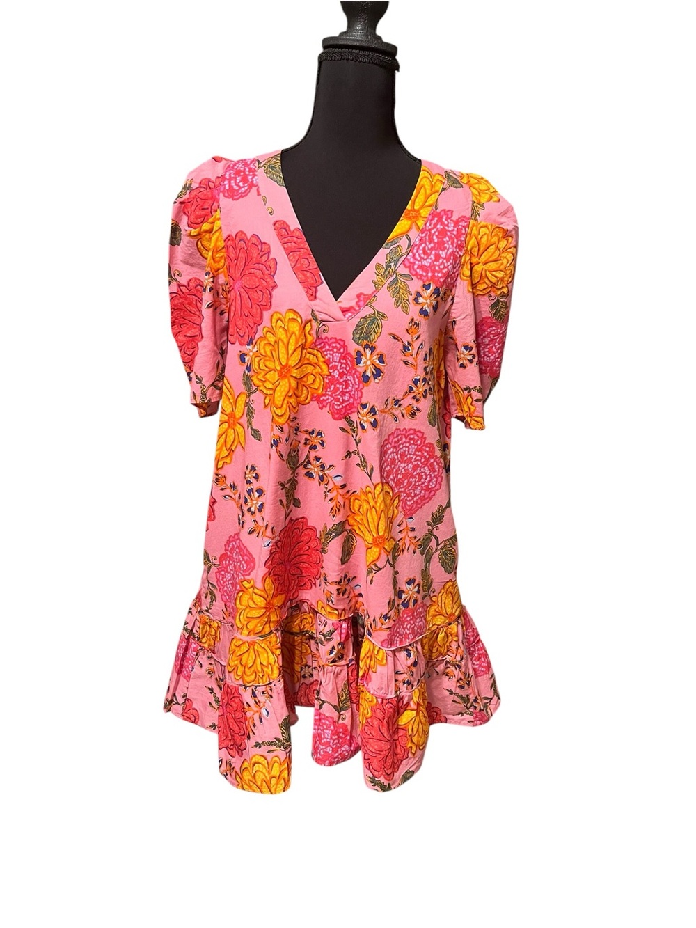 Karlie Pink Floral V-Neck Tiered Mini Dress with Puff Sleeves Size Medium - Picture 2 of 6